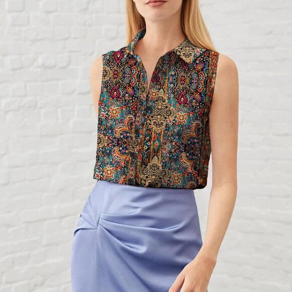 Women's Sleeveless Button Down Shirts Blouses - Solid, Casual, Loose Fit, V Neck - Picture 2 of 4